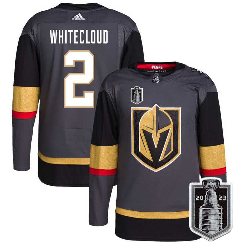 Mens Vegas Golden Knights #2 Zach Whitecloud Gray 2023 Stanley Cup Final Stitched Jersey Dzhi